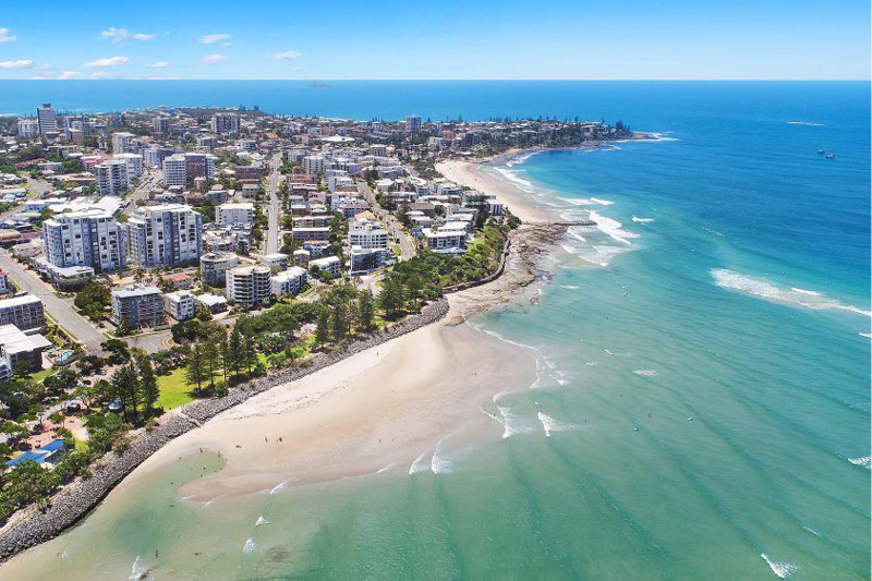 aerial view of caloundra beach and apartments